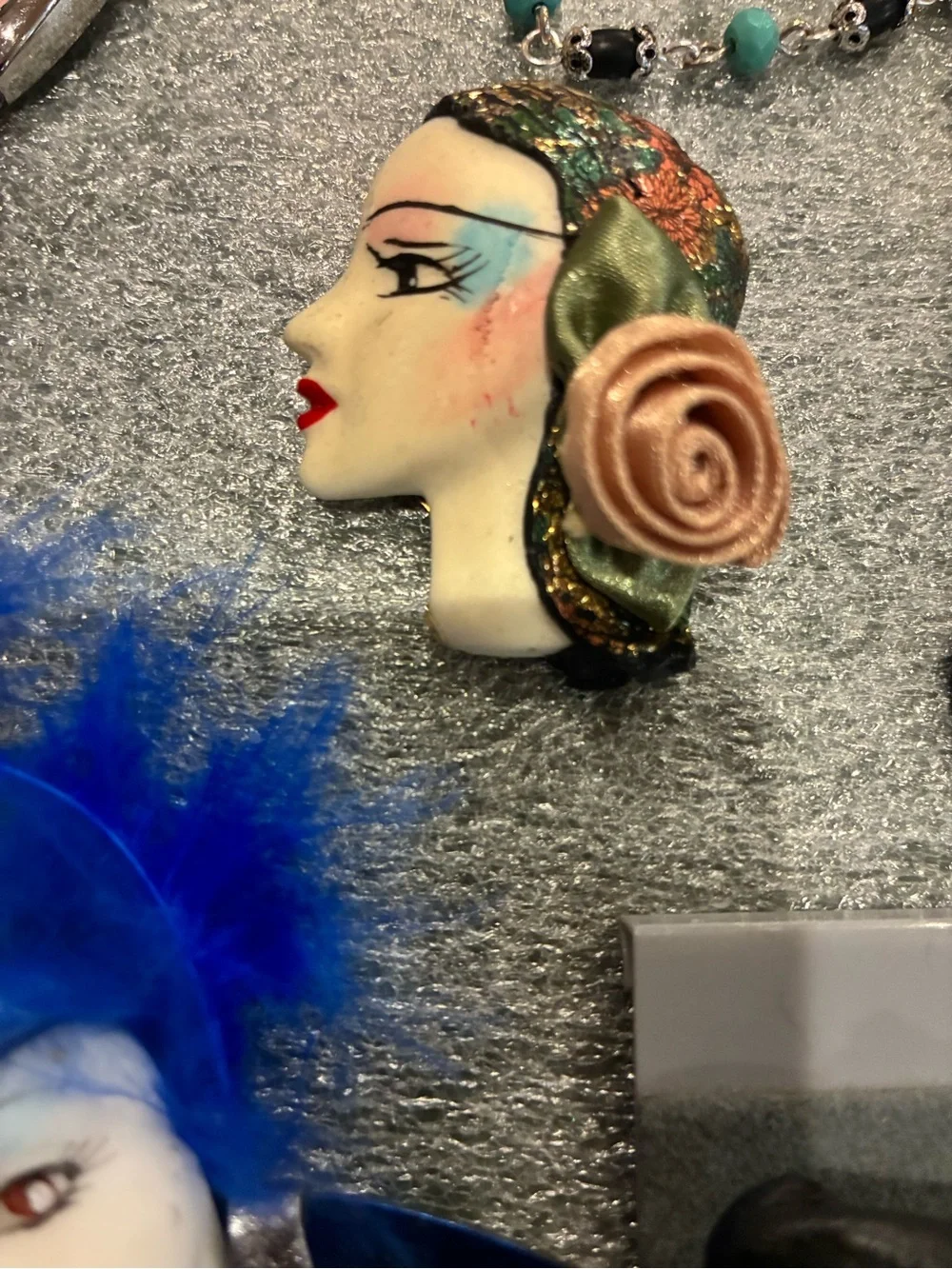 Vintage-Inspired Women's Fur & Porcelain Face Brooch - Brown, Blue, Cream